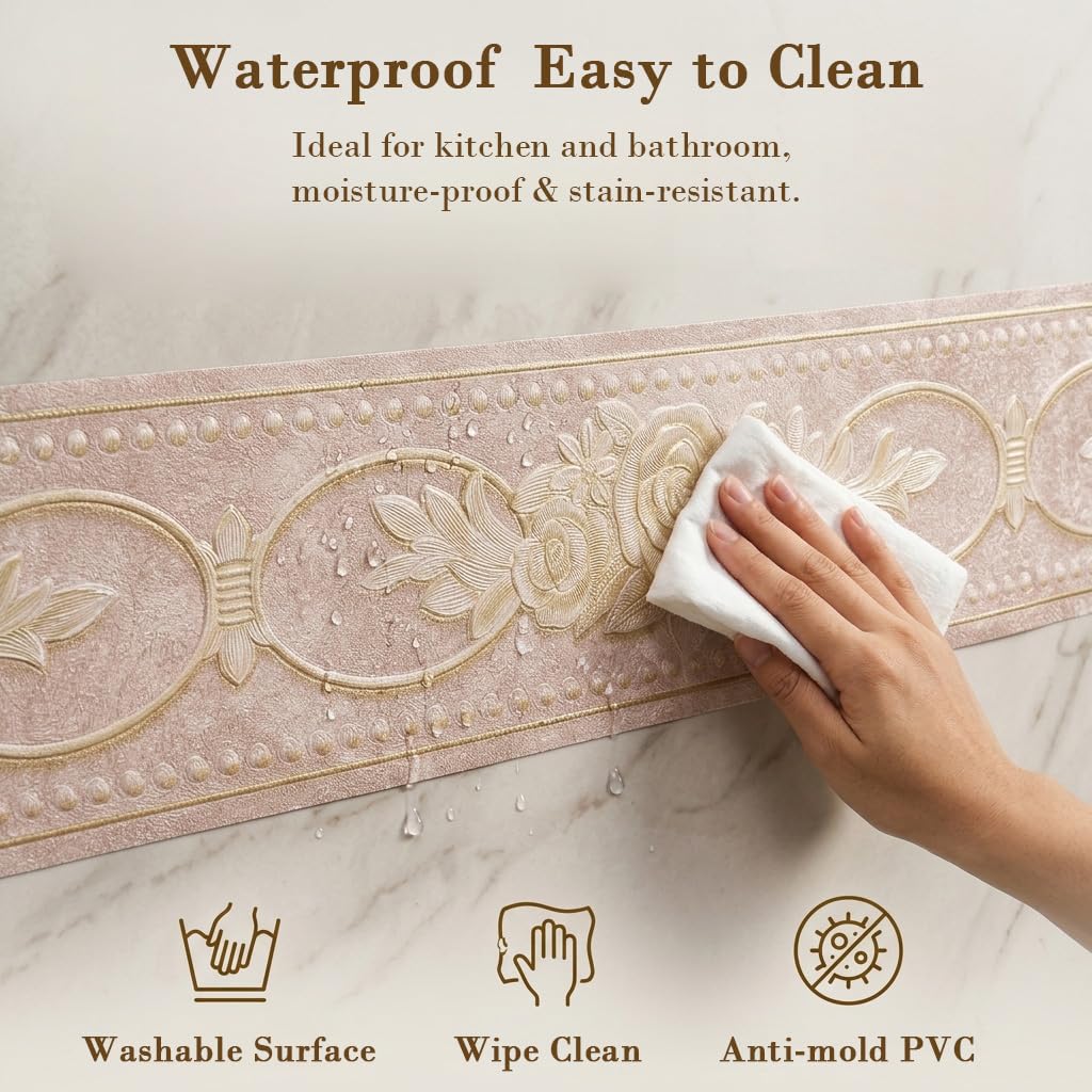 HASTHIP 3D Floral Peel-and-Stick Wallpaper Border, Water-Resistant Trim for Home Interiors
