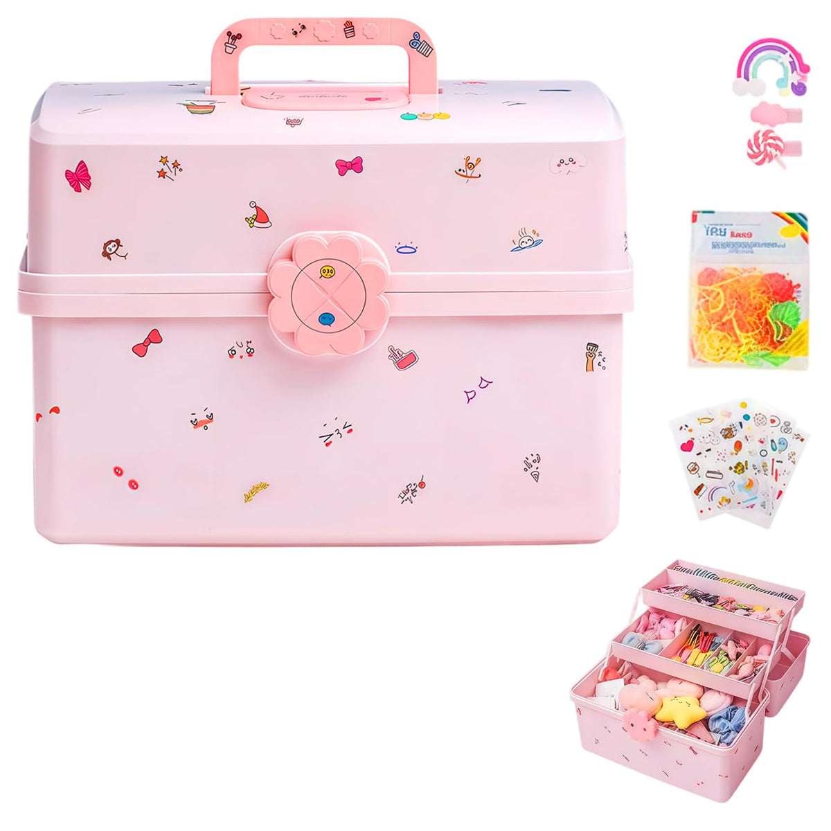 HASTHIP 3-Layer Hair Accessories Organizer Box in Pink with Divided Storage and Built-In Handle