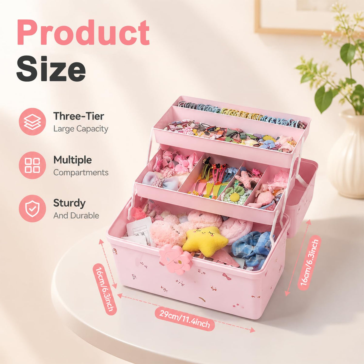 HASTHIP 3-Layer Hair Accessories Organizer Box in Pink with Divided Storage and Built-In Handle