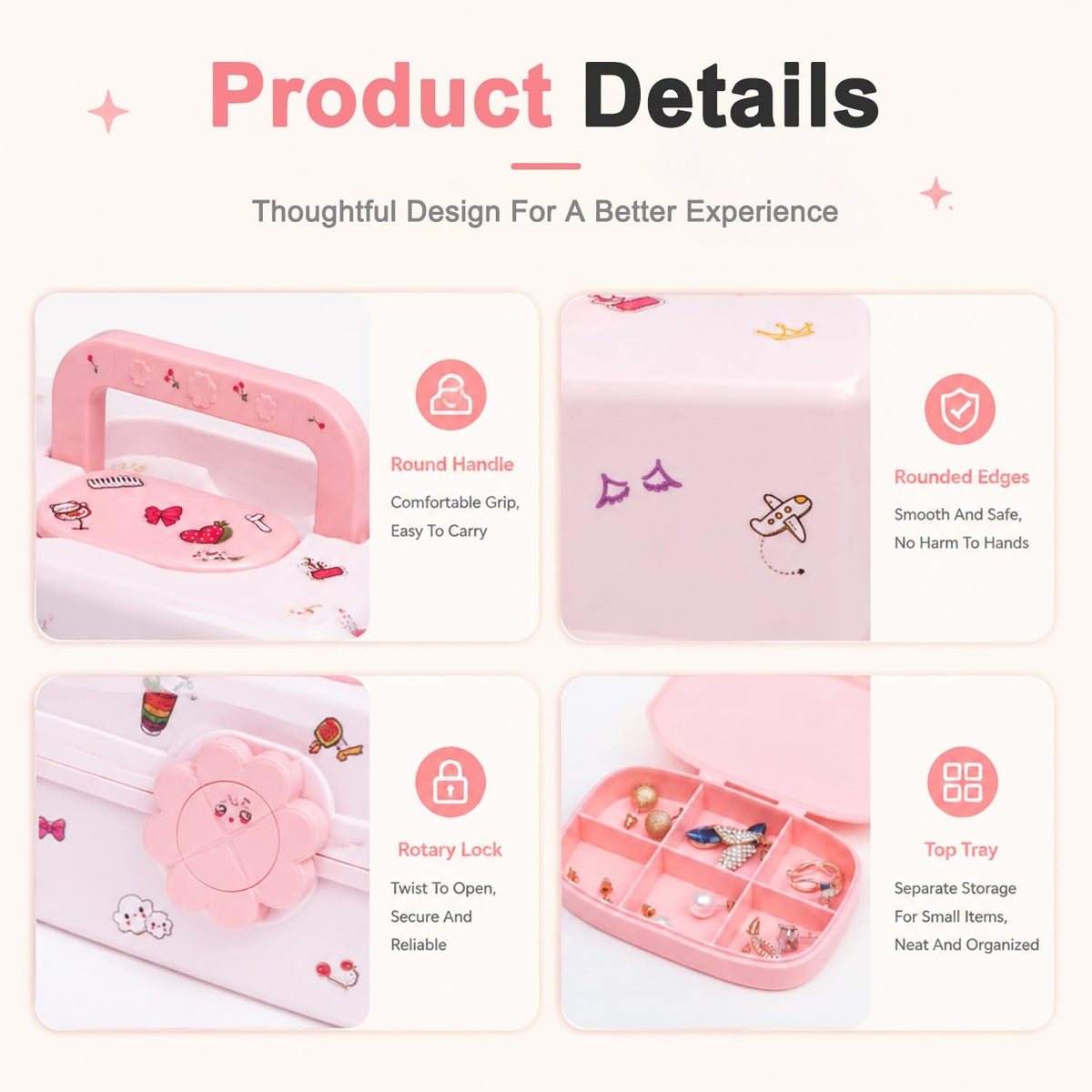 HASTHIP 3-Layer Hair Accessories Organizer Box in Pink with Divided Storage and Built-In Handle