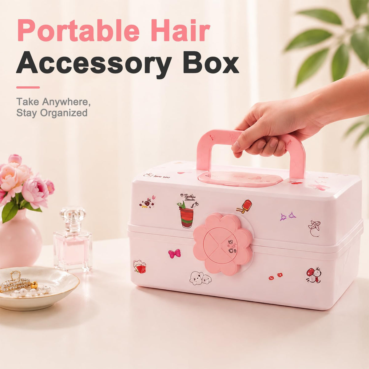 HASTHIP 3-Layer Hair Accessories Organizer Box in Pink with Divided Storage and Built-In Handle