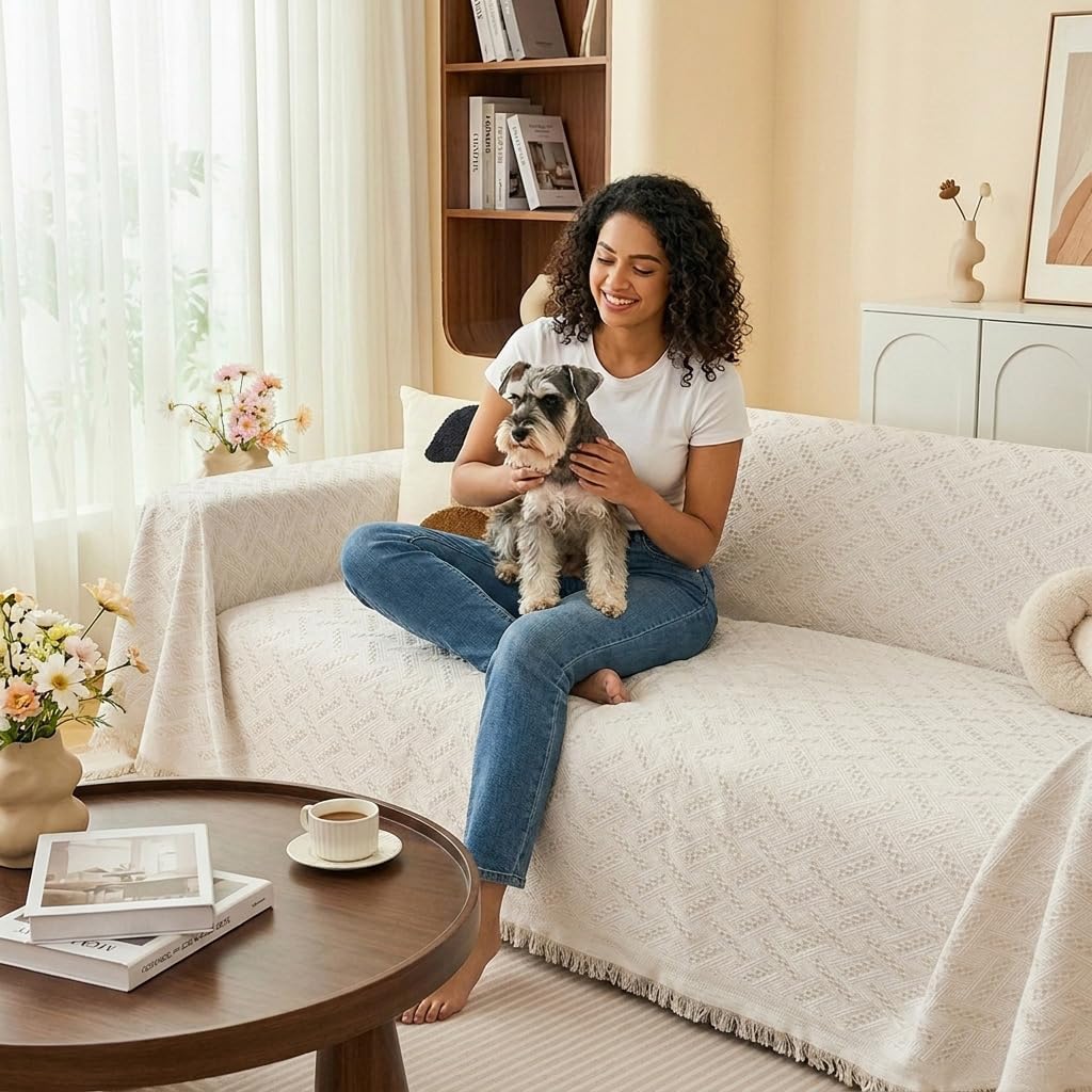 HASTHIP Chenille Couch Cover with Tassels and Woven Texture for Living Room Seating