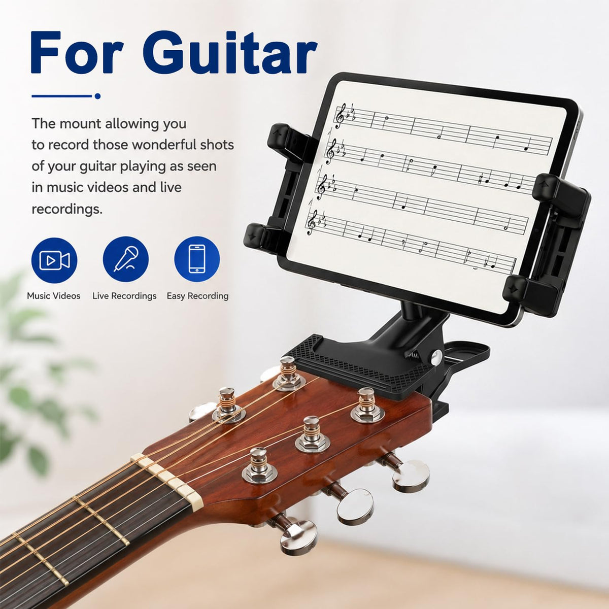 HASTHIP Guitar Phone and Tablet Holder with 360° Adjustment, Silicone Grip and ABS Bracket
