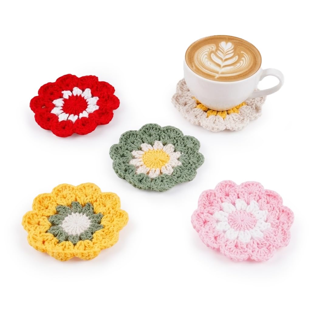 HASTHIP Crochet Cotton Coasters, Set of Five Floral Drink Mats for Cups and Mugs