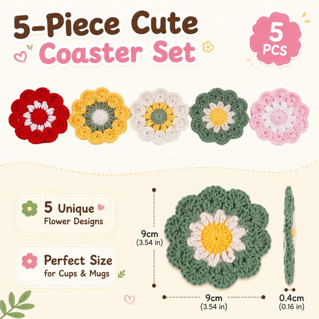 HASTHIP Crochet Cotton Coasters, Set of Five Floral Drink Mats for Cups and Mugs