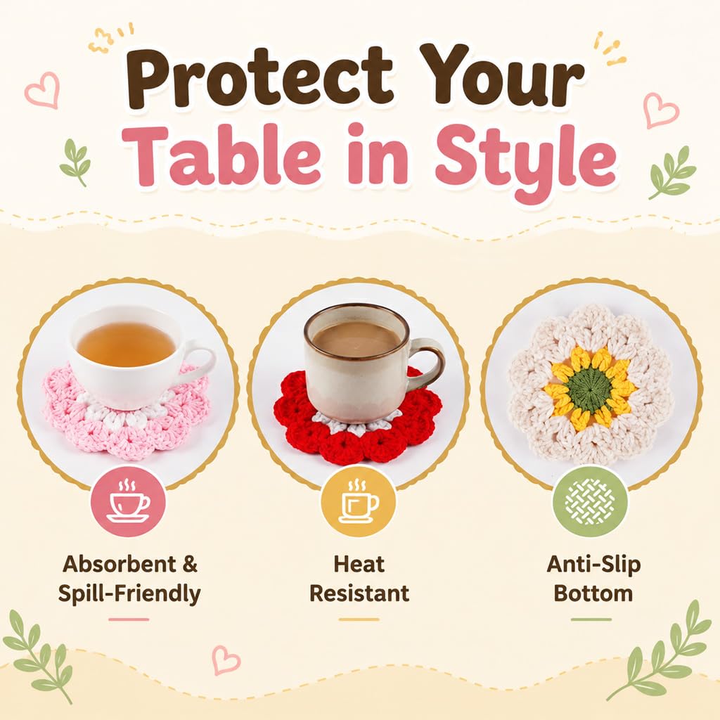 HASTHIP Crochet Cotton Coasters, Set of Five Floral Drink Mats for Cups and Mugs