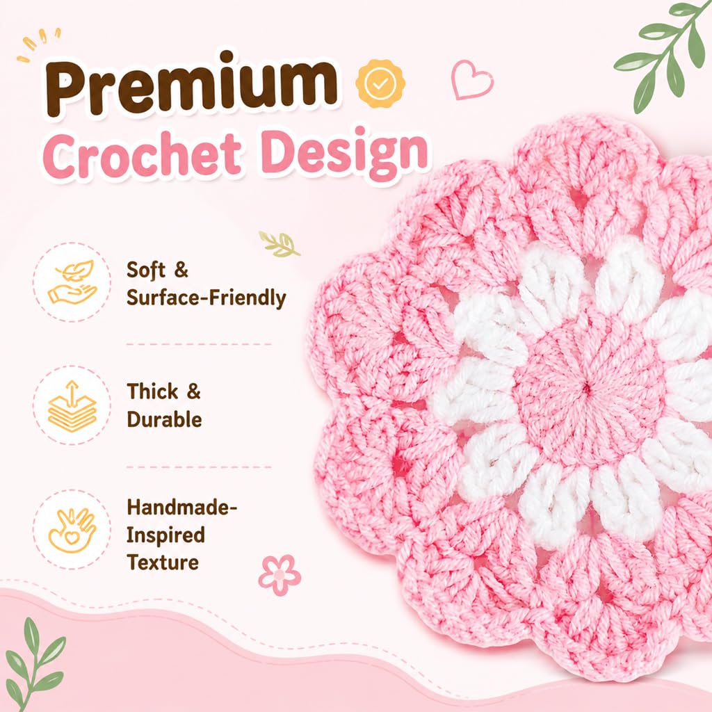 HASTHIP Crochet Cotton Coasters, Set of Five Floral Drink Mats for Cups and Mugs