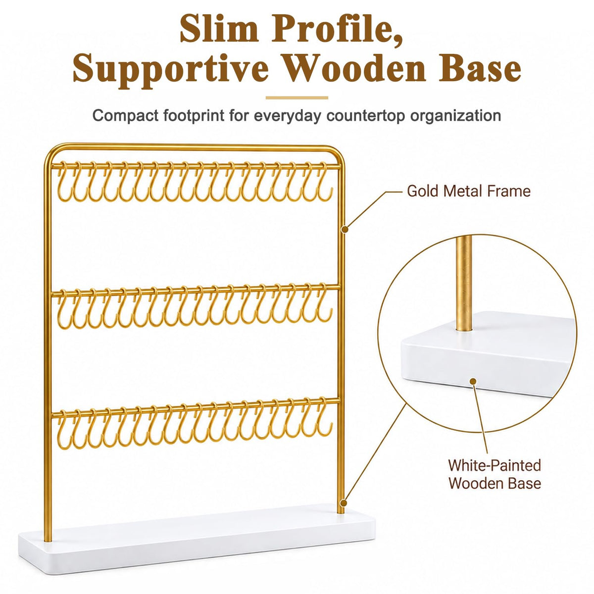 HASTHIP 60-Hook Bracelet Holder Display Stand with Solid Wood Base and Tiered Metal Frame