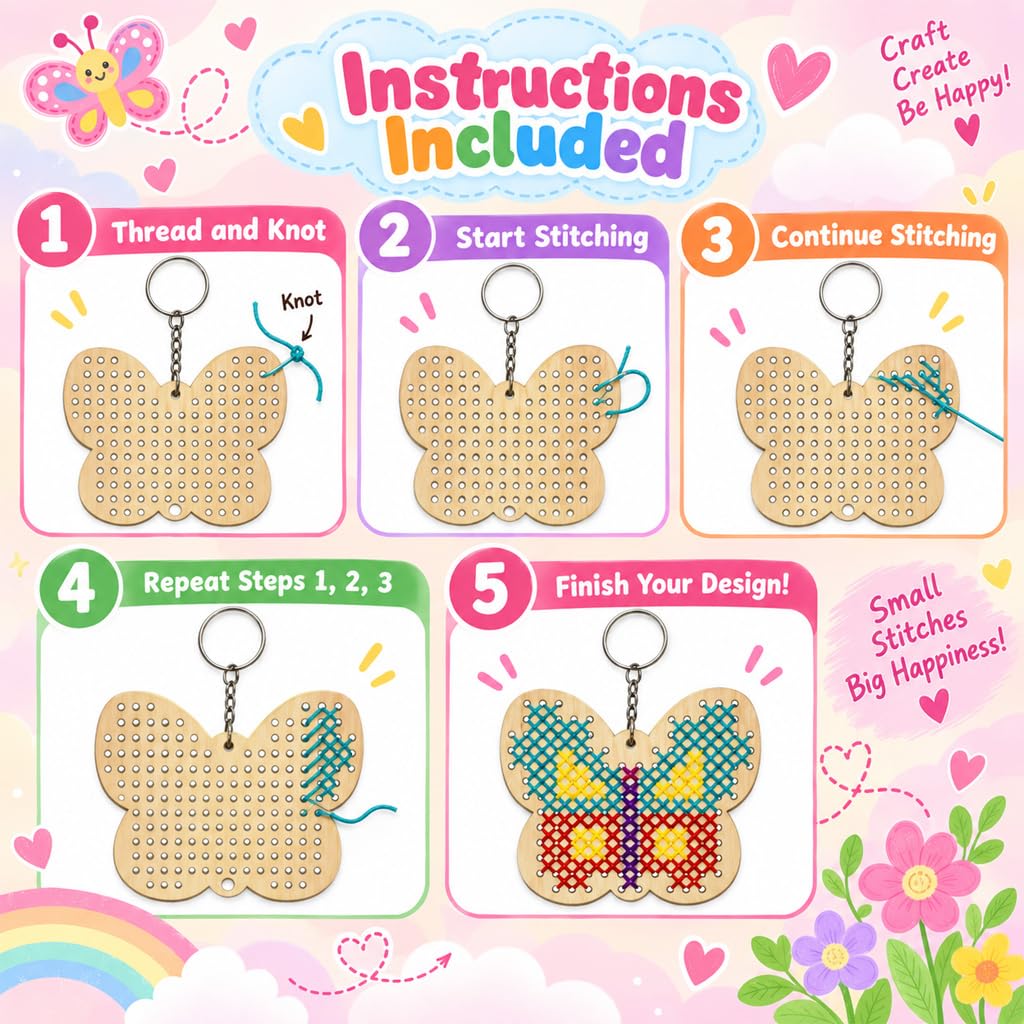 HASTHIP Wood Cross Stitch Kit for Kids and Beginners with Punched Plywood Butterfly and Flower Shapes