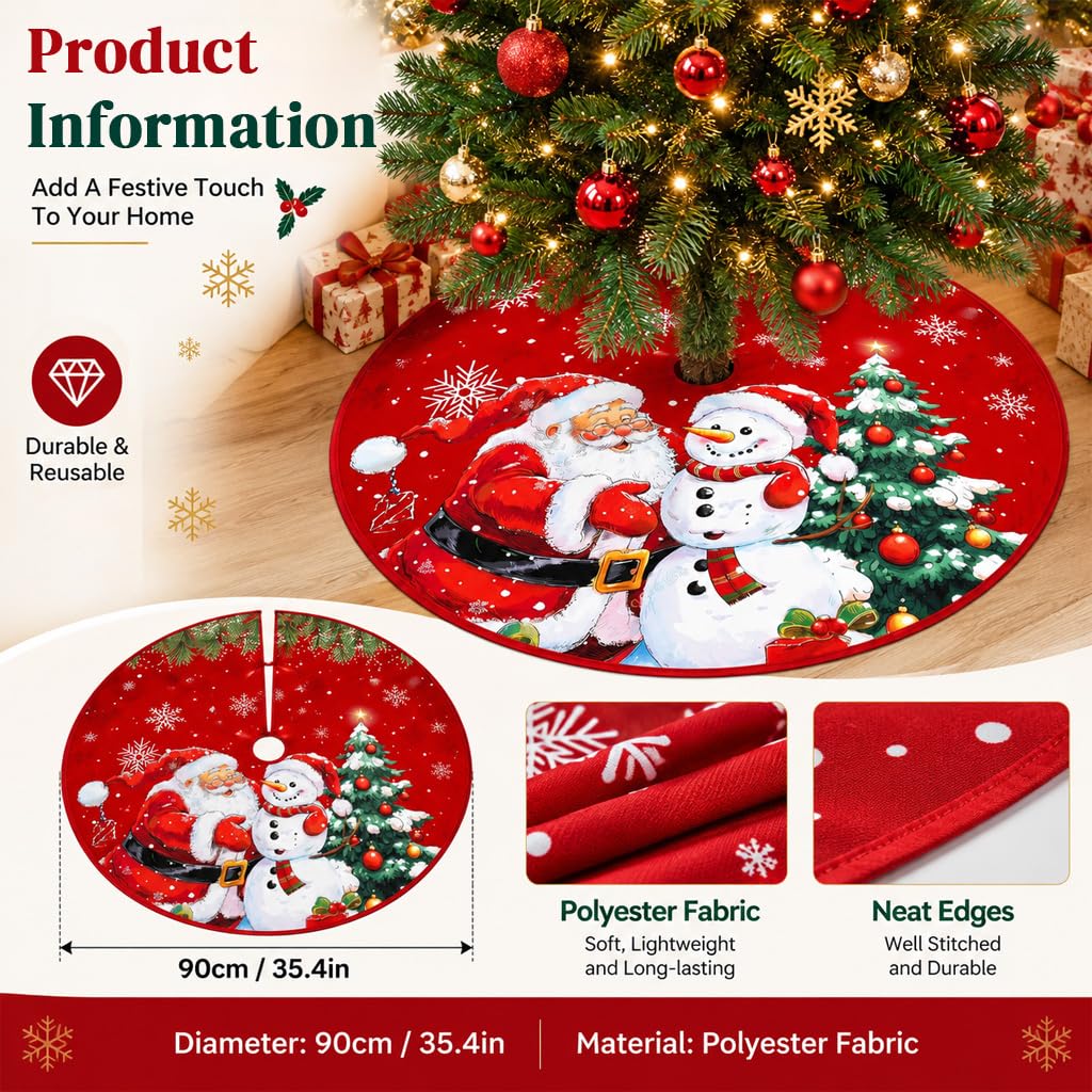 HASTHIP Christmas Tree Skirt, 35 Pulgadas (89 cm), Red Plush with Snowman and Snowflake Prints
