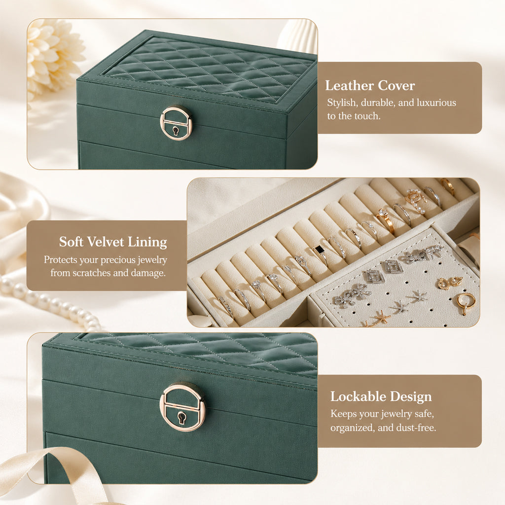 HASTHIP Three-Layer Jewelry Organizer with Multiple Compartments in Durable Synthetic Leather