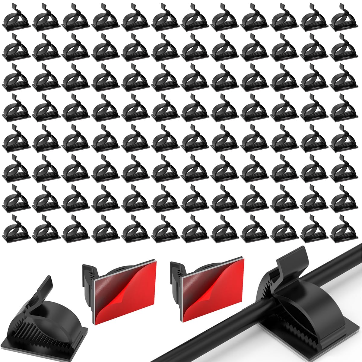 HASTHIP 100-Piece Self-Adhesive Cable Clips with Quick-Release Design, Low-Profile Black Plastic