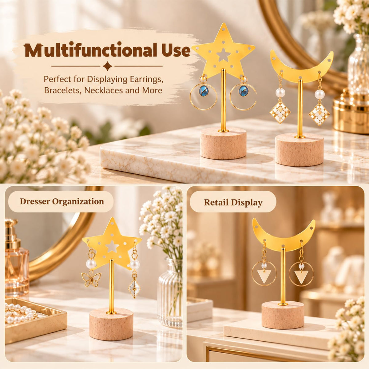 HASTHIP 3-Piece Star and Moon T-Bar Earring Display Stand Set with Wood Bases and Graduated Heights