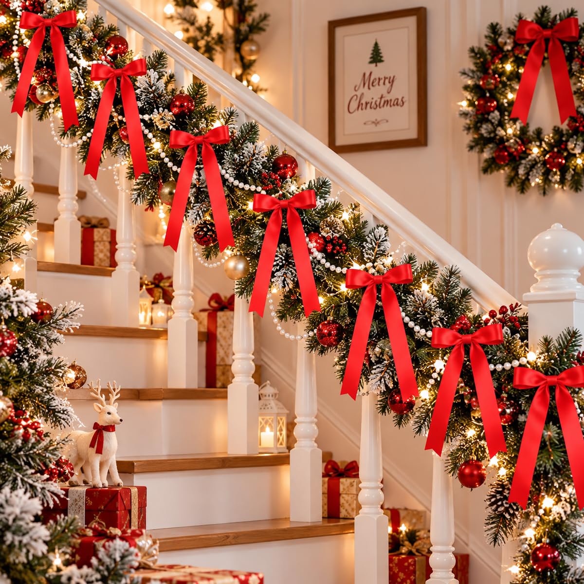 HASTHIP Christmas Tree Bows and Faux Pearl Garland Set, 24 Red Satin Bows, 33ft Strand