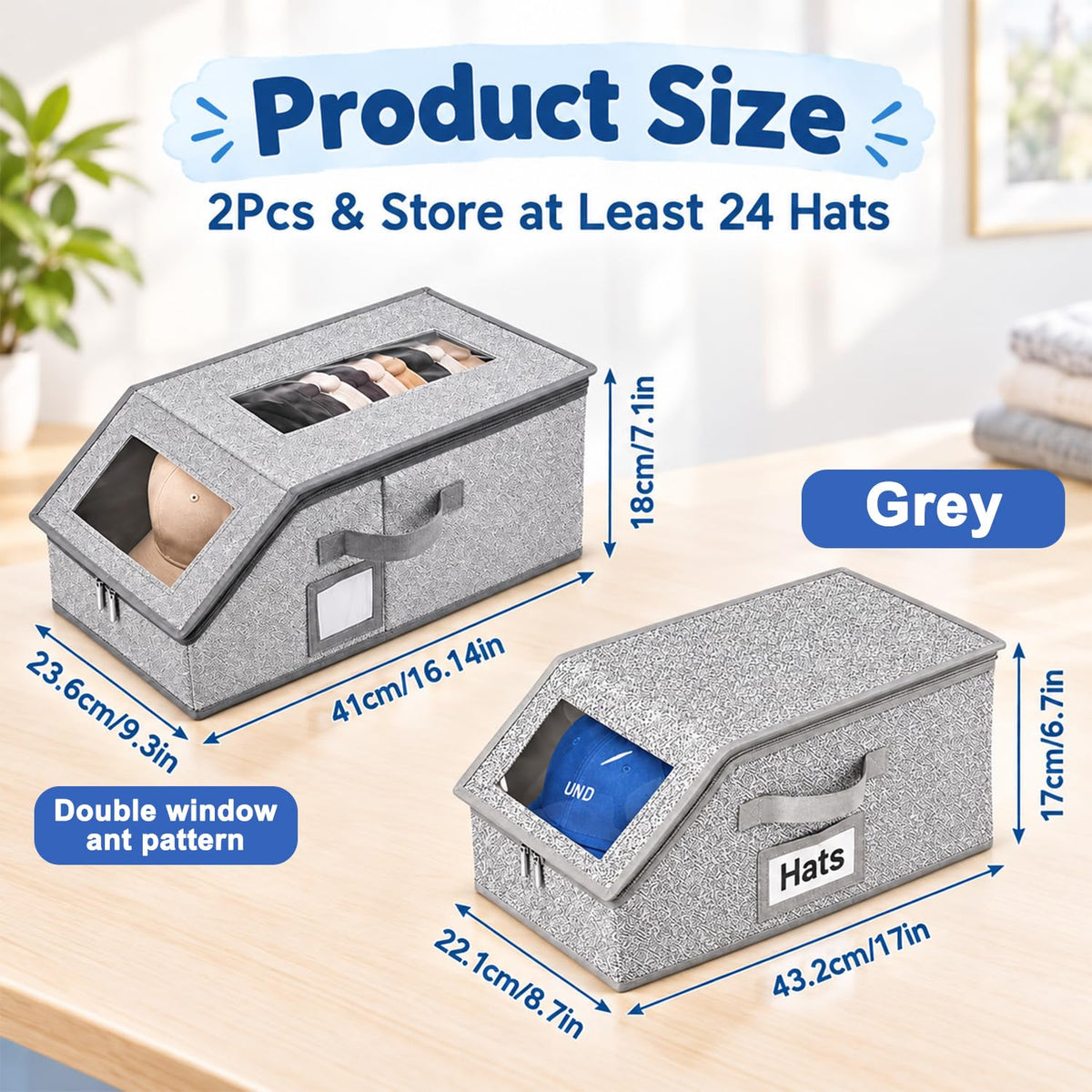 HASTHIP Stackable Baseball Hat Storage Box Set with Clear Windows, Dual Zippers and Side Handles