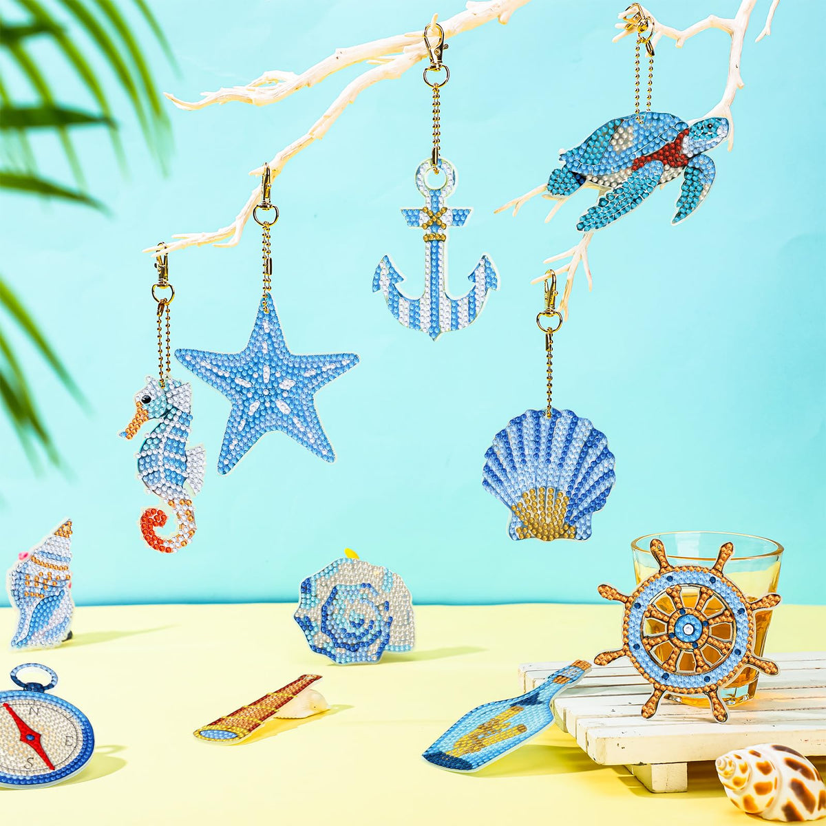 HASTHIP 12-Piece 5D Diamond Painting Keychain Kit with Acrylic Bases and Ocean Designs