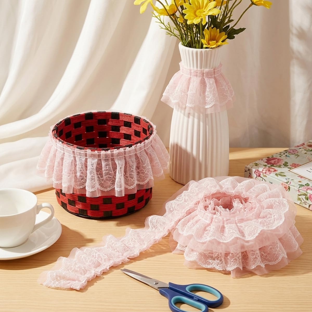 HASTHIP Pleated Chiffon Lace Trim, Double-Layer Tulle Ribbon, 5.5cm Wide for Sewing Crafts