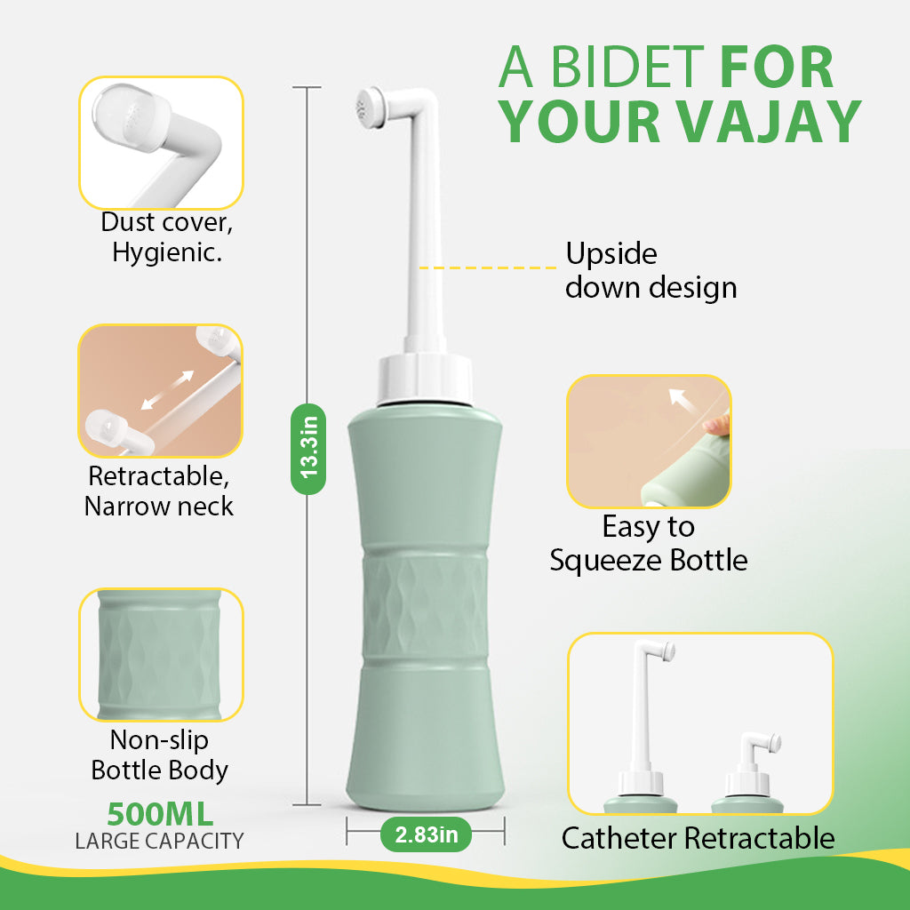 HASTHIP® Peri Bottle, 500ml Portable Travel Bidet with Bag, with 2 Interchangeable Spray Nozzles Travel Bidet with Storage Bag Cleansing Bidet Sprayer for Personal Hygiene Care, Postpartum Perineal