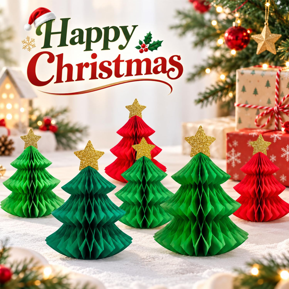 HASTHIP 6-Piece Paper Christmas Tree Decorations with Honeycomb Design, Gold Stars and Two Sizes
