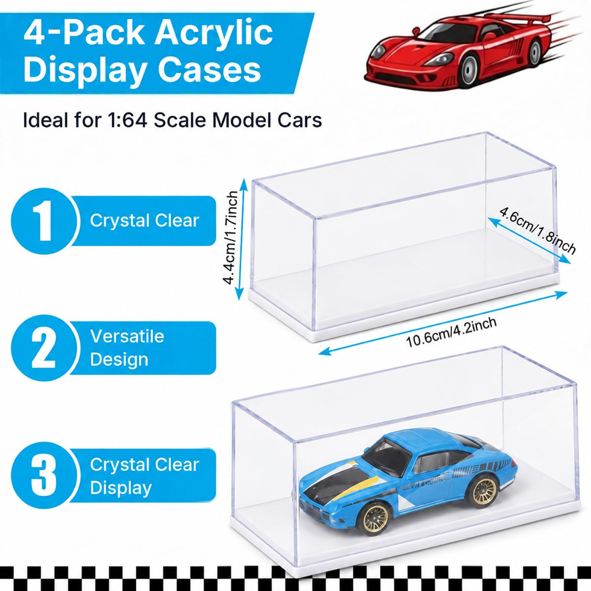 HASTHIP 4-Piece 1:64 Model Car Display Cases with Clear Acrylic Covers and White Bases