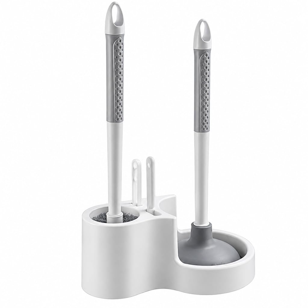 HASTHIP 4-in-1 Toilet Brush and Plunger Set with Crevice Brush, Hair Tongs and White Holder