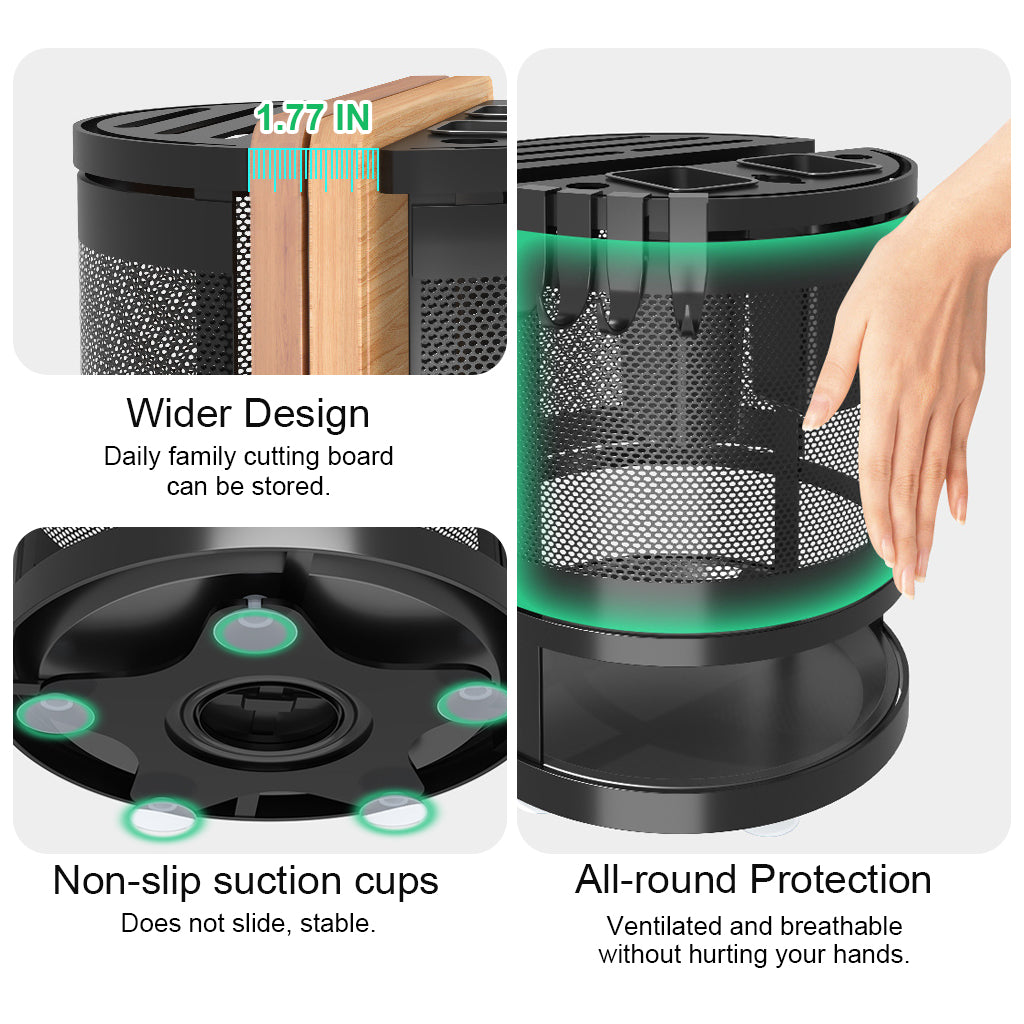 HASTHIP® Kitchen Organizer Rotatable Carbon Steel Multi Compartment Modern Kitchen Utensil Organizer Tableware Draining Rack Cutting Board Rack Cutter Holder Storage Holder with 4 Hooks, 23.5x24cm