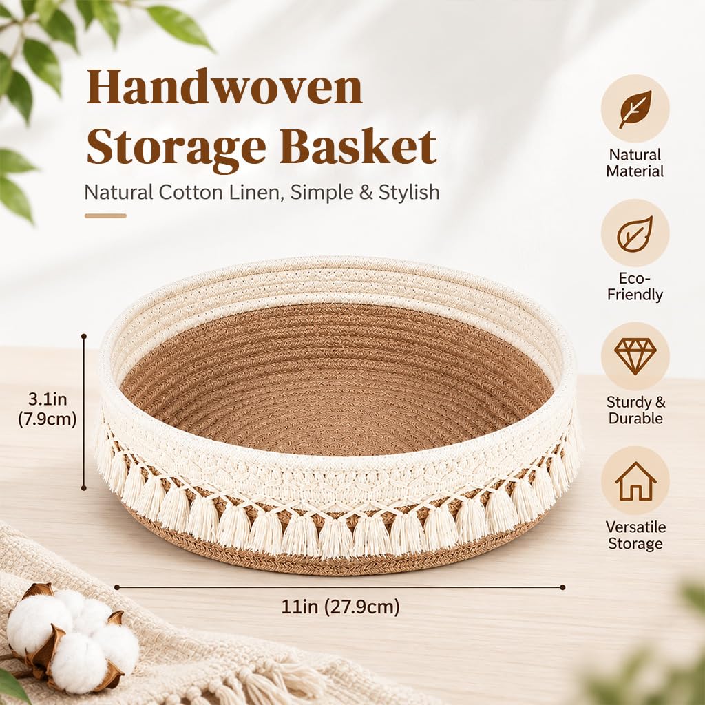 HASTHIP Cotton and Jute Storage Basket, Handwoven Boho Organizer for Cosmetics and Daily Essentials