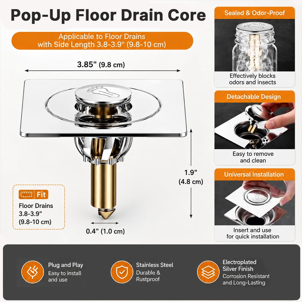 HASTHIP Square Pop-Up Floor Drain Cover with Stainless Steel Top and Detachable Hair Filter