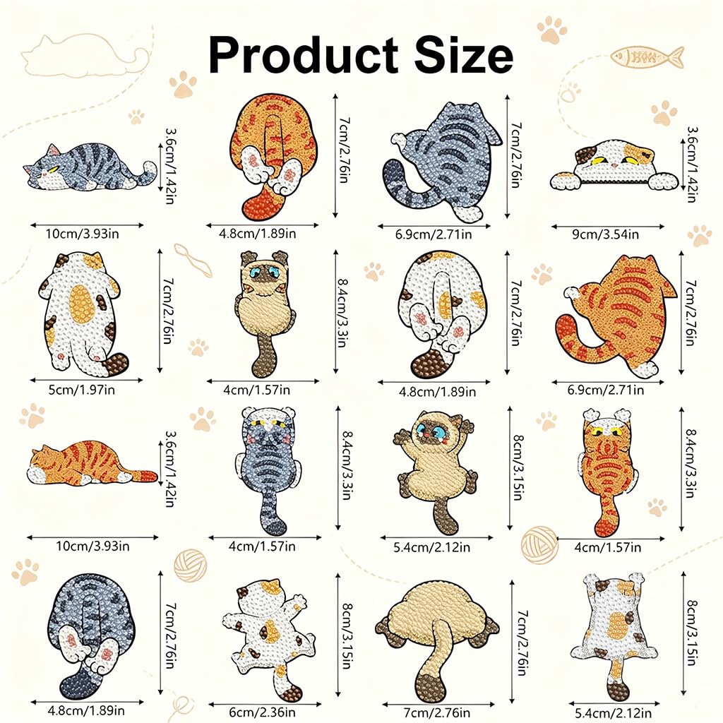 HASTHIP 16PCS Cartoon Kitty Diamond Art Fridge Magnet Kit with Rhinestones for Kids and Adults