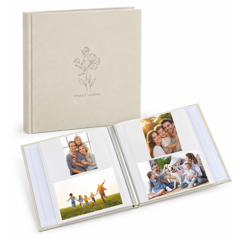 HASTHIP Self-Adhesive Photo Album, 23 x 25 cm, Beige Leather Cover, 20 Sheets, 40 Pages
