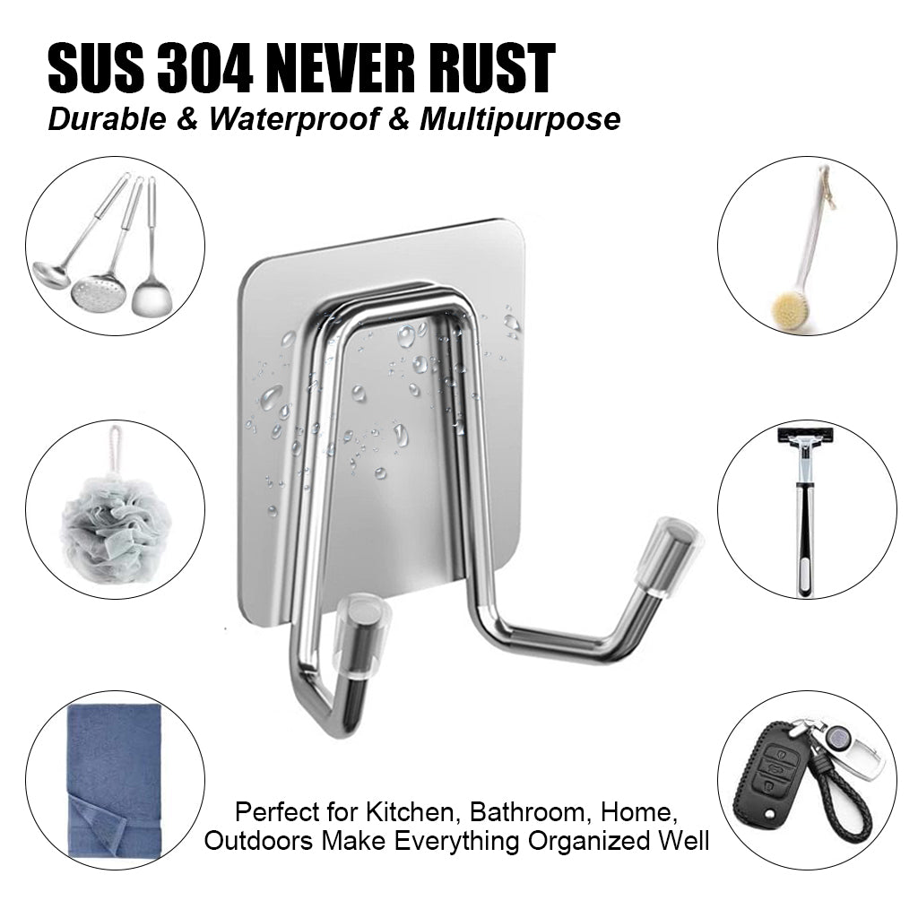 HASTHIP® 4Pcs Adhesive Dual Wall Hooks - 304 Stainless Steel Heavy-Duty Towel, Clothes, Sponge Holder, Space-Saving Utility for Kitchen, Bathroom, Bedroom (Silver)