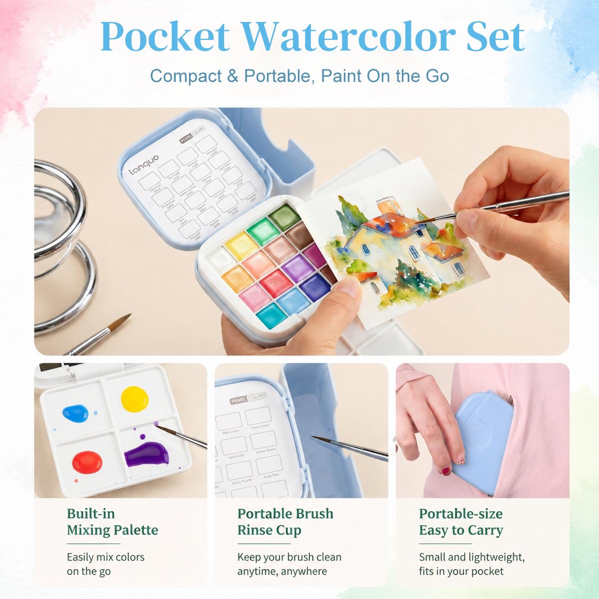 HASTHIP Mini Watercolor Paint Set, 16 Colors, Pocket Kit with 300GSM Cotton Paper and 4 Brushes