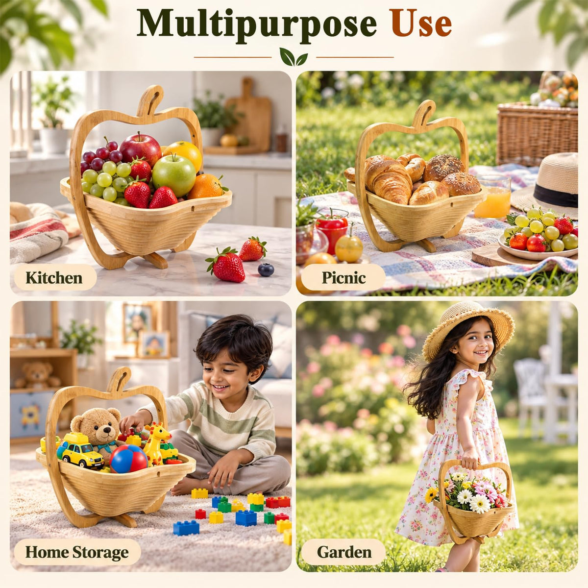 HASTHIP Foldable Bamboo Fruit Basket with Space-Saving Design and Stable Cross-Support Base