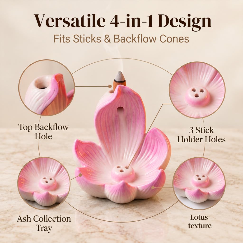 HASTHIP Lotus Incense Burner, 4-Hole Resin Stick Holder with Leaf Tray for Pooja and Meditation