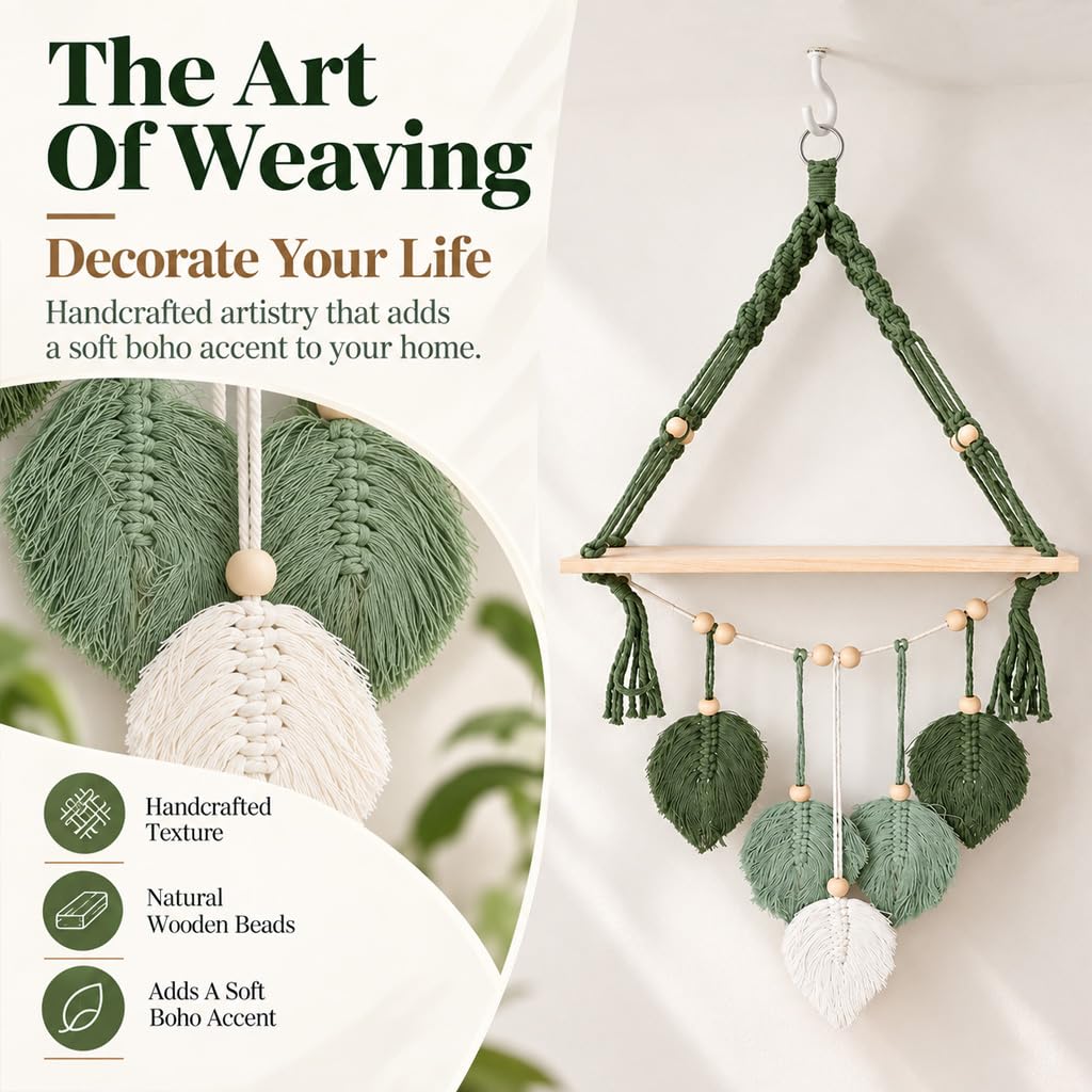 HASTHIP Boho Wall-Mounted Storage Shelf with Green Leaf Weaving, Tassel Trim and Wood Platform