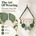 HASTHIP Boho Wall-Mounted Storage Shelf with Green Leaf Weaving, Tassel Trim and Wood Platform