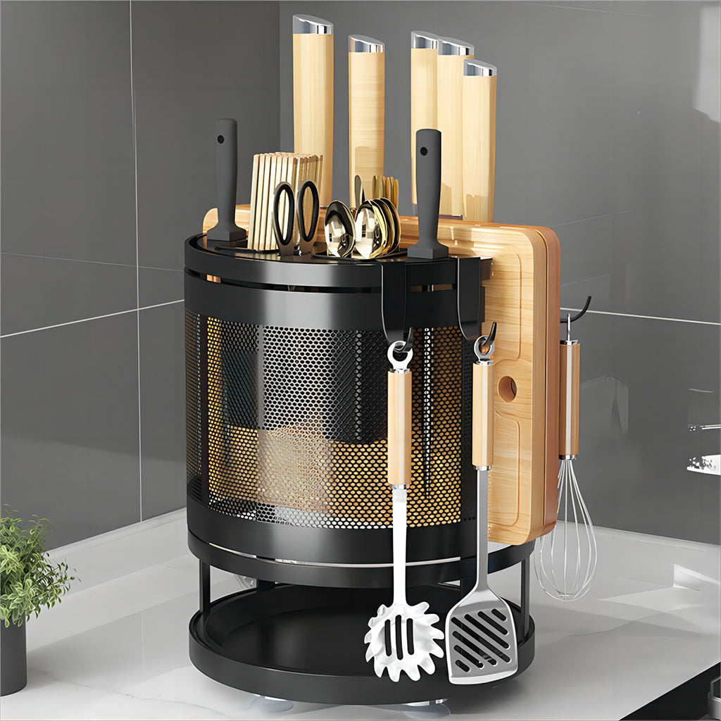 HASTHIP® Kitchen Organizer Rotatable Carbon Steel Multi Compartment Modern Kitchen Utensil Organizer Tableware Draining Rack Cutting Board Rack Cutter Holder Storage Holder with 4 Hooks, 23.5x24cm