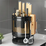 HASTHIP® Kitchen Organizer Rotatable Carbon Steel Multi Compartment Modern Kitchen Utensil Organizer Tableware Draining Rack Cutting Board Rack Cutter Holder Storage Holder with 4 Hooks, 23.5x24cm