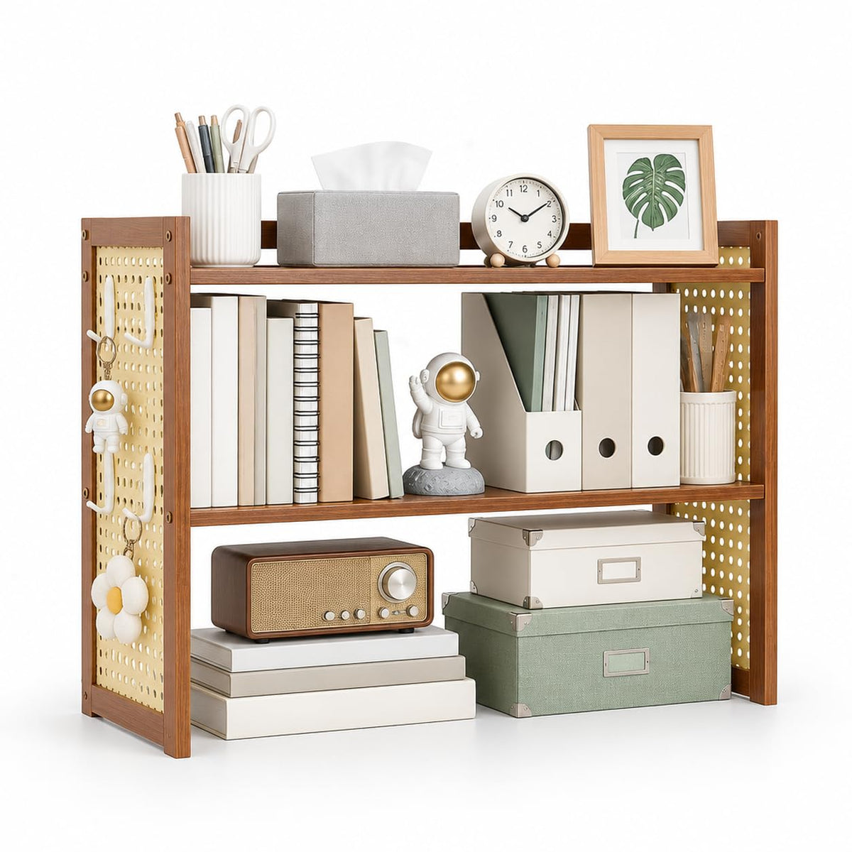 HASTHIP Two-Tier Brown Desktop Shelf with Pegboard for Books, Supplies and Compact Desk Organization
