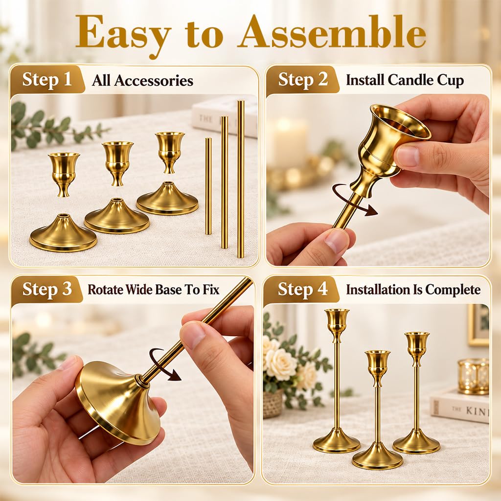 HASTHIP Gold Metal Taper Candle Holder Set, 6 Pieces in Three Heights with Velvet-Padded Bases