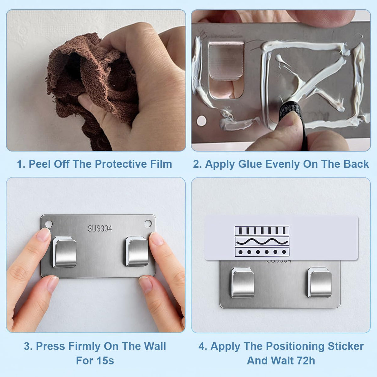 HASTHIP 304 Stainless Steel Adhesive Wall Hooks, 13cm No-Drill Design, 4-Pack, 25kg Each