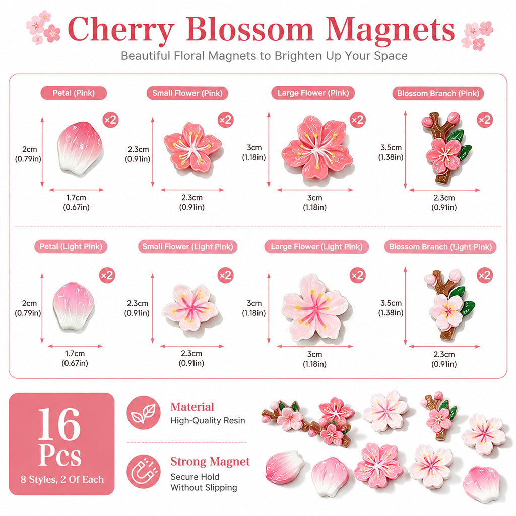 HASTHIP 3D Peach Blossom Fridge Magnets, 16-Piece Synthetic Resin Floral Decor for Metal Surfaces