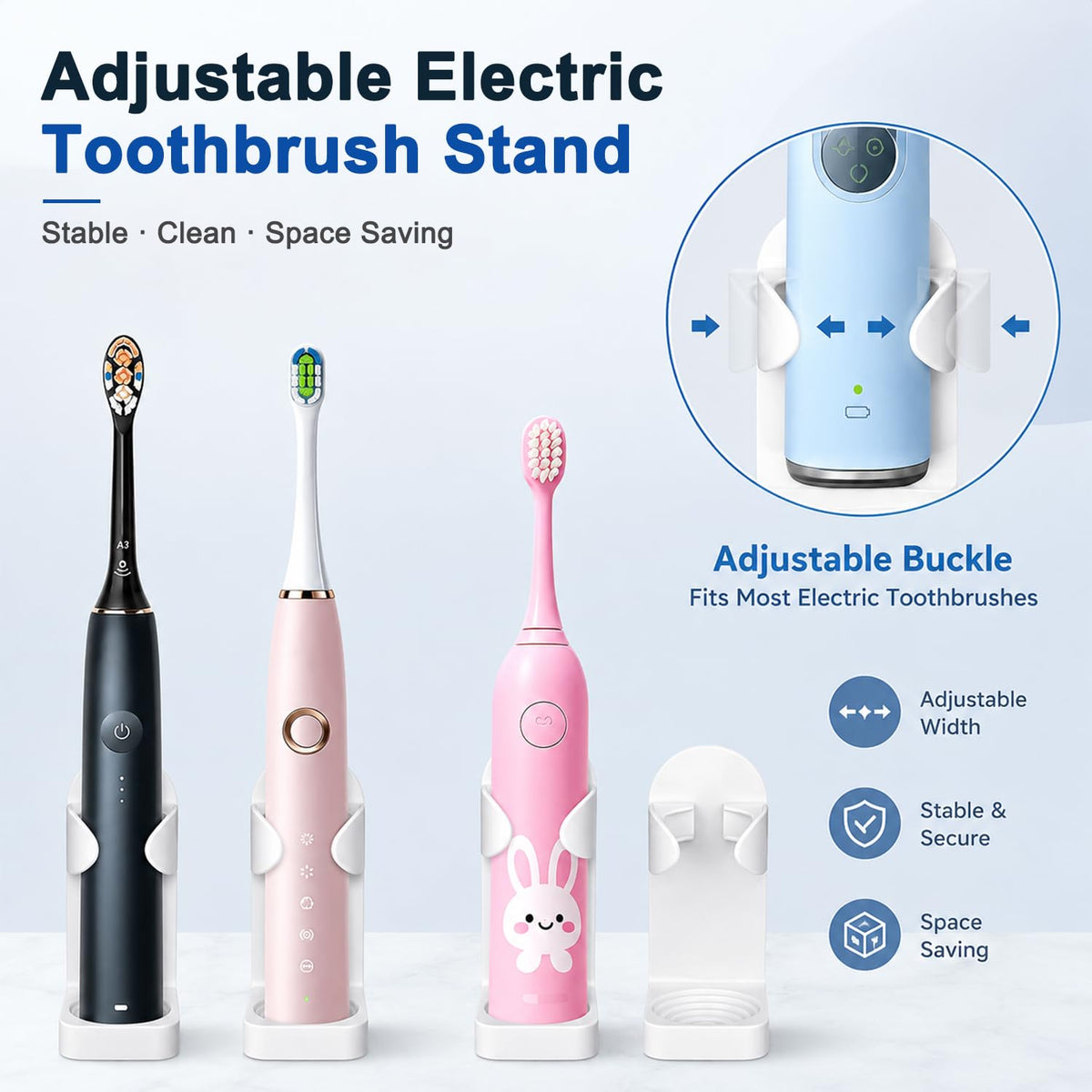 HASTHIP Adjustable Electric Toothbrush Holder with Drainage, Detachable Base and Self-Adhesive Wall Mount