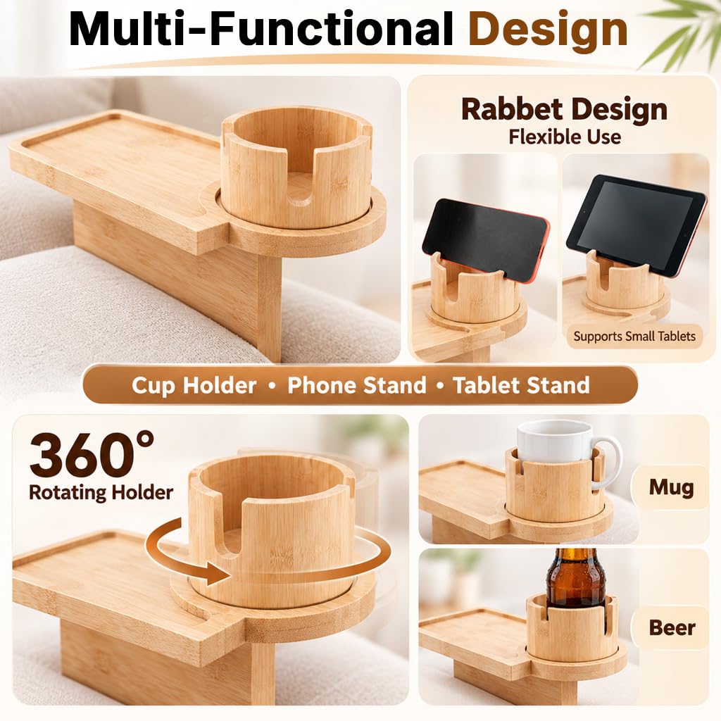 HASTHIP Acacia Wood Couch Tray with 360° Rotating Cup Holder and Sofa-Gap Support Leg