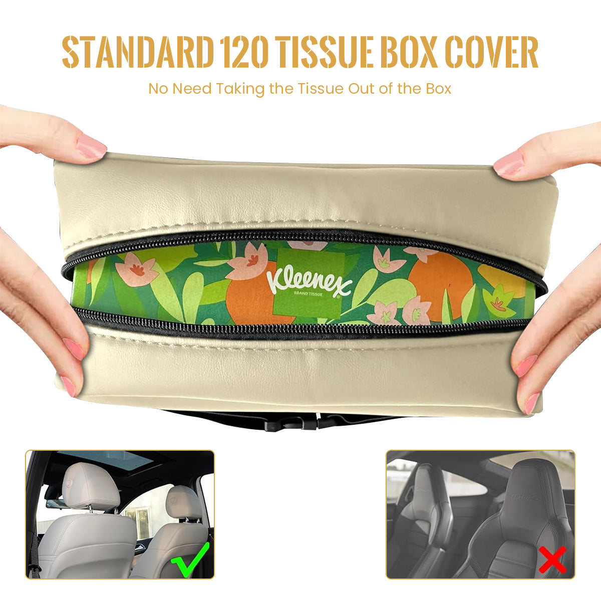 HASTHIP® Car Tissue Holder Box Fashion PU Car Tissue Paper Holder for Headrest Backseat Waterproof Car Tissue Paper Holder Tissue Box with Zipper Closure, 29x21.5x7.5cm, Beige Color