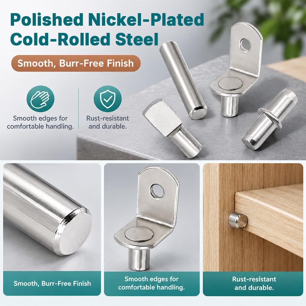 HASTHIP 104-Piece Shelf Pins Kit, 5mm and 1/4-Inch Sizes, Nickel-Plated Steel, Four Styles