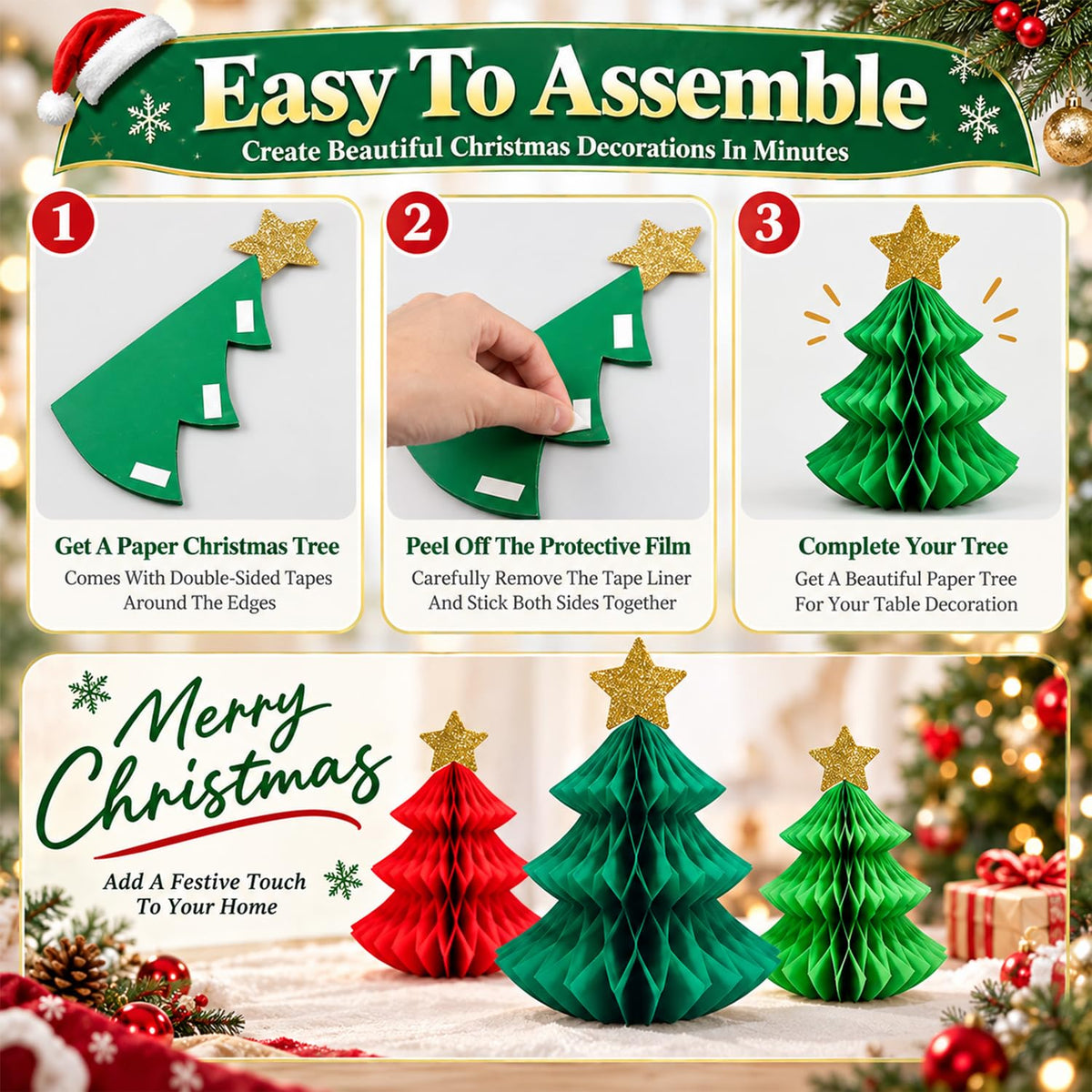 HASTHIP 6-Piece Paper Christmas Tree Decorations with Honeycomb Design, Gold Stars and Two Sizes