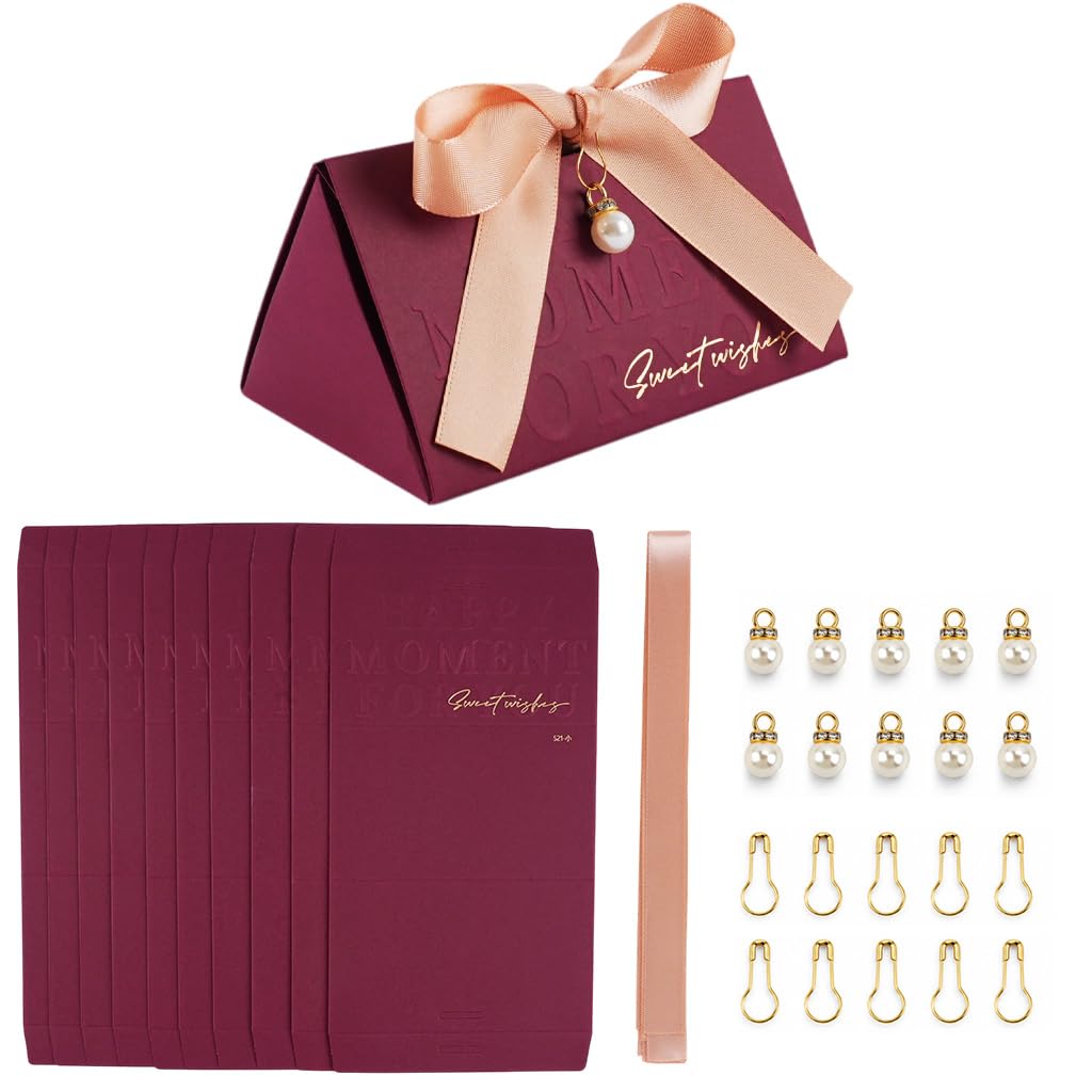 HASTHIP 10-Piece 5.1 x 3 in Favor Boxes with Gold Stamping, Ribbon, Wooden Ring and Pearl Closure