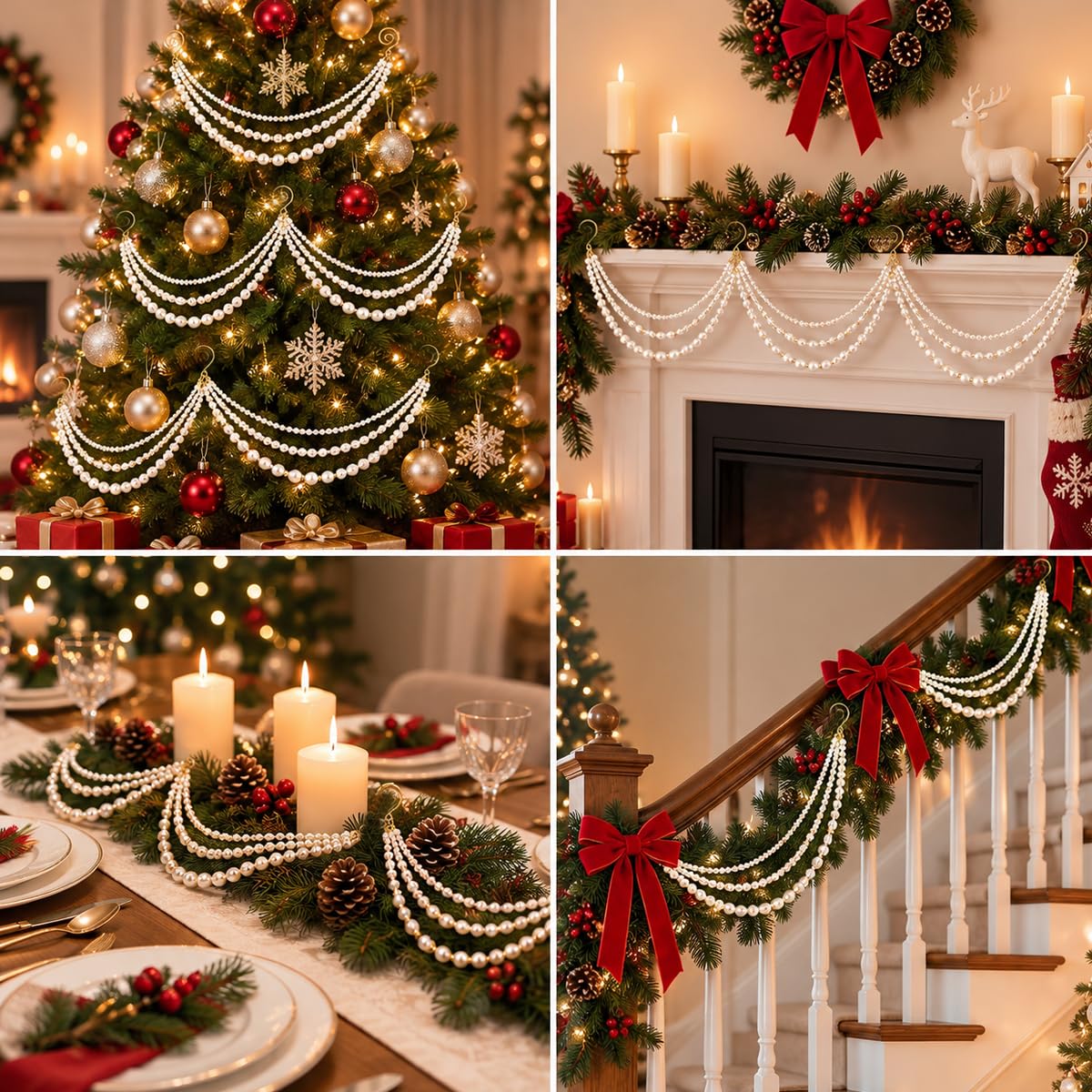 HASTHIP 2-Piece Christmas Pearl Garland, Cascading Faux Bead Chains with Pre-Installed Spiral Hooks