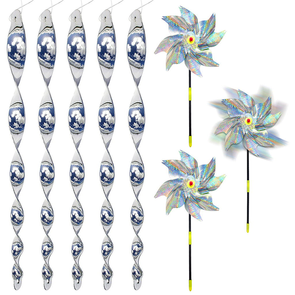 HASTHIP® 3Pcs Reflective Pinwheels & 5Pcs 11.8 inches Spiral Anti-bird Spiral Sticks Silver Holographic Pinwheels Decorative Shining Pinwheels for Lawn, Bush, Flowerbed, Tree, Orchard
